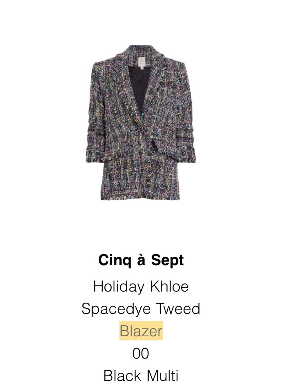 cinq a sept Black Multi Spacedye Tweed Blazer Jacket